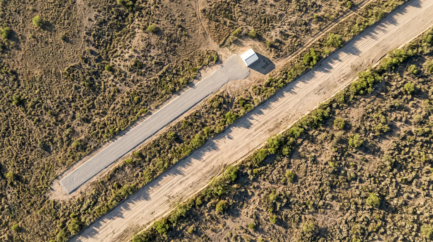 Overhead view of a pipeline right-of-way with an Aviern launch strip and dock alongside it